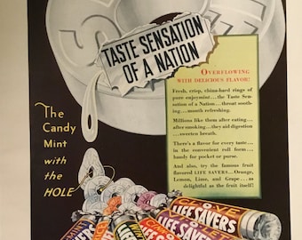 Original Mint Life Saver Advertisement-Taste Sensation of a Nation, 1920s, 8.5 x11.5 inches, Good Condition!