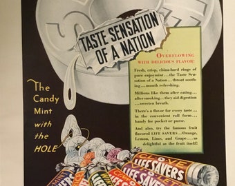 Original Mint Life Saver Advertisement-Taste Sensation of a Nation, 1920s, 8.5 x11.5 inches, Good Condition!