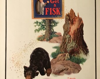 Fisk Tire Company Original Vintage Advertisement "Time to RE-tire, Get a Fisk-Bear Running from Bees" by Leslie Thrasher,1926, 9.5x12.75 in.