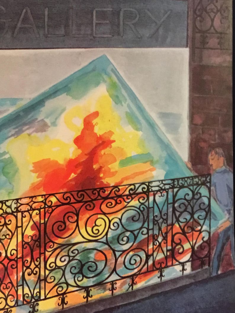 May include: A colourful abstract painting behind a black wrought iron fence with the word "GALLERY" above it.