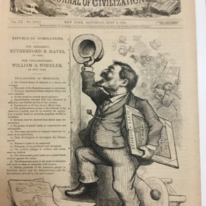 Può includere: Un'illustrazione d'epoca di Harper's Weekly, con una vignetta politica. L'immagine mostra un uomo in giacca e cravatta che tiene un cappello e un cartello con la scritta "Republican Slate". L'intestazione del giornale è visibile.