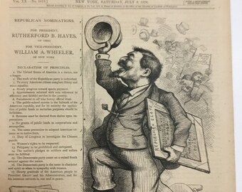 Original Political Cartoon Print "Why We Laugh" (Republican President Hayes) by Thomas Nast, Harpers Weekly July 8, 1876, 11x16 in,