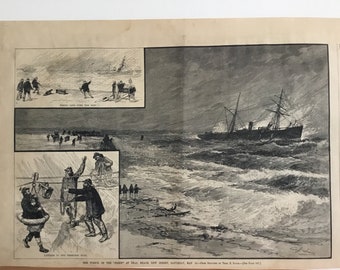 The Wreck of the Pliny at Deal Beach, NJ by Theo R. Davis, May 27, 1882, Harpers Weekly, 11x16in., Excellent Condition!