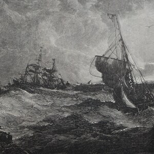 May include: A black and white engraving of two ships caught in a storm at sea. The ships are tossed about by the waves, and the sky is dark and stormy. The engraving is a dramatic depiction of the dangers of the sea.