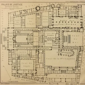 1913 carte vintage du Palais de Justice, Paris, France, Excellent État!