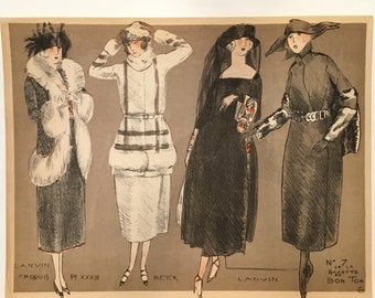 Original Sketch Prints (Set of 4) Fall Fashions by Simeon of French Fashion Designers,Gazette du Bon Ton-France No.7, 1920, 7.5x9.75 inches