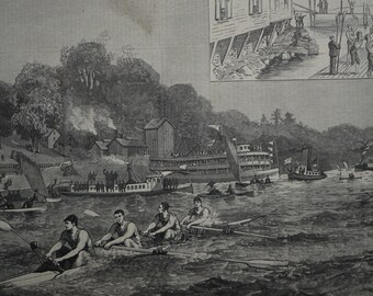 The Metropolitan Regatta, On The Hudson. Drawn by W.P. Snyder. Vintage Woodblock Print Featured in Harper’s Weekly. Dated July 26, 1879.