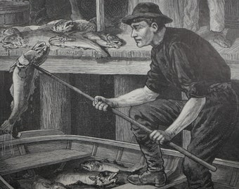 The Cod-Fishery At Heart’s Content - Extracting The Livers.  Original Woodblock Print Featured in Frank Leslie’s, Dated October 31, 1885.