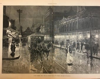 Grand Street New York at Night by WA Rogers July 27, 1889, Harpers Weekly, Excellent Condition 16x22 inches