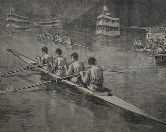 The College Boat-Race of The Schuylkill - The Finish. Original Woodblock Print Drawn by W.P. Snyder. Harper’s Weekly Dated July 12, 1879.