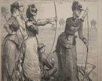 Archery Practice on Staten Island - Drawn by C.S. Reinhart.  Vintage Woodblock Print Featured in Harper’s Weekly.  Dated August 3, 1878.