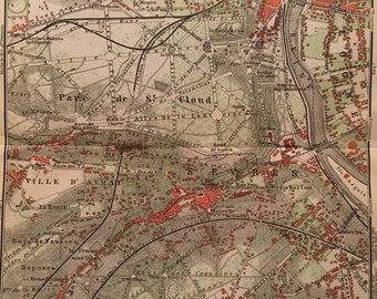 St. Cloud & Sèvres map, Print 6.25 X 8.25 inches, 1913, Sèvres, France