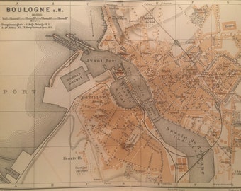 Boulogne s. M., map, vintage, 6 x 8.25 inches, 1913, port city, Northern France