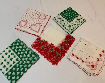 This is a set of 5 vintage holiday themed handkerchiefs