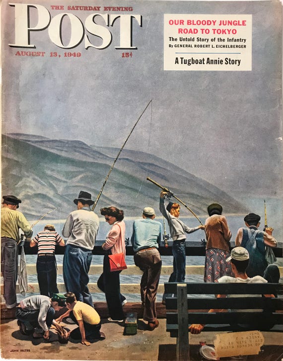Original the Saturday Evening Post Cover pier Fishing August 13, 1949 by  John Falter, 10.75 X 13 Inches, Good Condition 