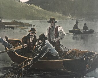 Salmon Fishing, 1900's, Original Print 19 x 14 inches, Excellent Condition!