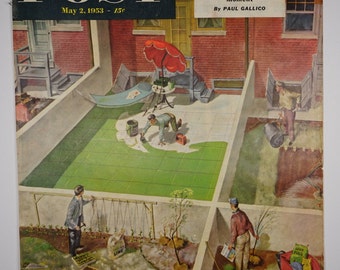 Saturday Evening Post Cover, 1953 - Lawn competition