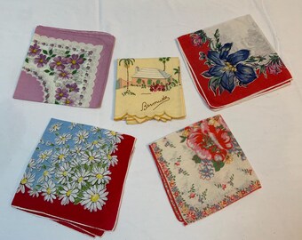 This is a set of 4 vintage handkerchiefs and one tea towel.