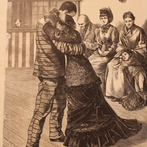 May include: A black and white illustration of a man and woman embracing in a room with other people present. The man is wearing striped trousers and the woman is wearing a long dress. The text "NEW YORK - A CONVICT AT SING SING HOLDING AN INTERVIEW WITH HIS WIFE, IN THE DETECTIVE'S OFFICE, IN THE PRESENCE OF A KEEPER - SEE PAGE 101." is at the bottom of the image.