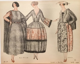 Original Sketch Prints (Set) of Summer Fashions by Mario Simon of French Fashion Designers, Gazette du Bon Ton-France,April 1920,7.5x9.75in.