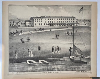 Original 1878 print of Long Beach House on Long Beach Island, New Jersey