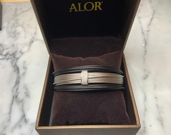 Brand new, never worn ALOR black and grey cable women’s bracelet with white gold and diamonds