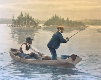 Muskallonge Fishing, 1904, by A.B. Frost, 10.75 x15 in. Excellent condition.