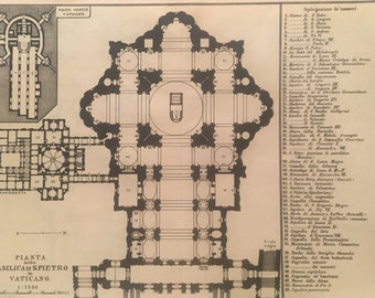 Pianta della Basilica di S. Pietro in Vaticano, vintage, 6 x 8.25 inches, 1928, Rome Italy