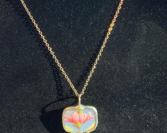 Lovely and Unique Antique Bone China Flower Pendent in Sterling Silver