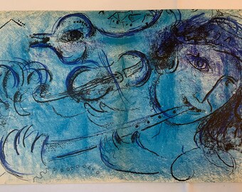Original Marc Chagall Lithograph “The Flute Player”, “Chagall” by Jacques Lassaigne, Published by Maeght, Printed by Mourlot, 1957