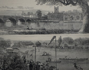 The Henley Regatta Course - A Quiet Day For Practice Before The Race.  Original Woodblock Print in Harper’s Weekly Dated July 20, 1878.