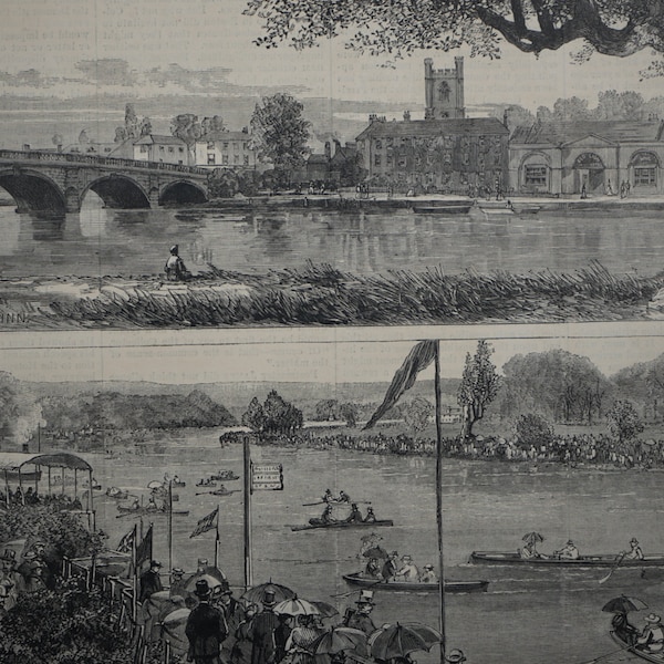 The Henley Regatta Course - A Quiet Day For Practice Before The Race.  Original Woodblock Print in Harper’s Weekly Dated July 20, 1878.