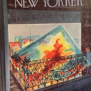 May include: The New Yorker magazine cover from 3rd February 1962, featuring an abstract painting displayed in a gallery with an ornate iron railing.