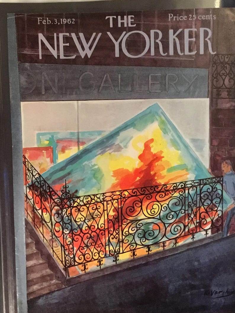 May include: The New Yorker magazine cover from 3rd February 1962, featuring an abstract painting displayed in a gallery with an ornate iron railing.