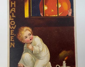2 Halloween Postcards by Ellen Clapsaddle from 1909 and 1910 featuring pumpkins