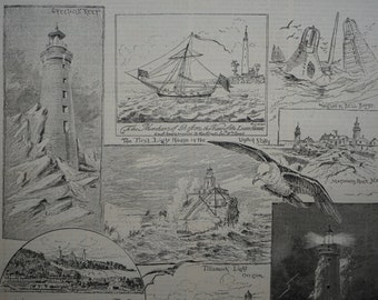 Typical Light-Houses of the United States.  Vintage Woodblock Print in Harper’s Weekly Based On Drawings By F.A. Feraud.  Dated May 5, 1888.