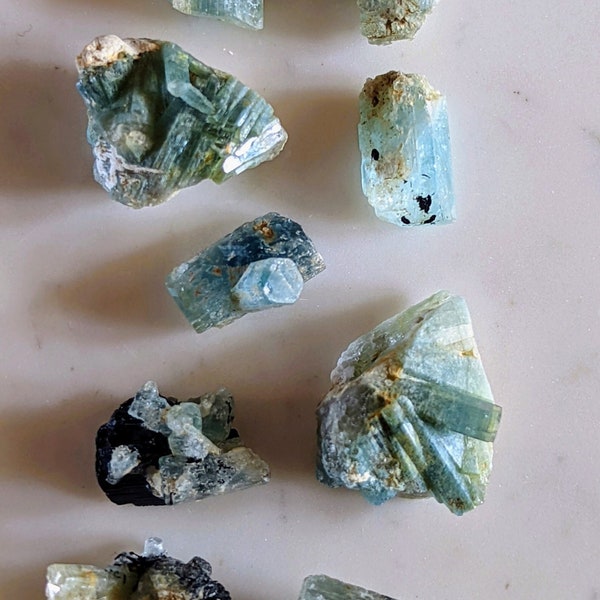 Aquamarine with black tourmaline inclusions, crystals, clusters, Erongo, Namibia, high grade beryl variety aquamarine with schorl specimens