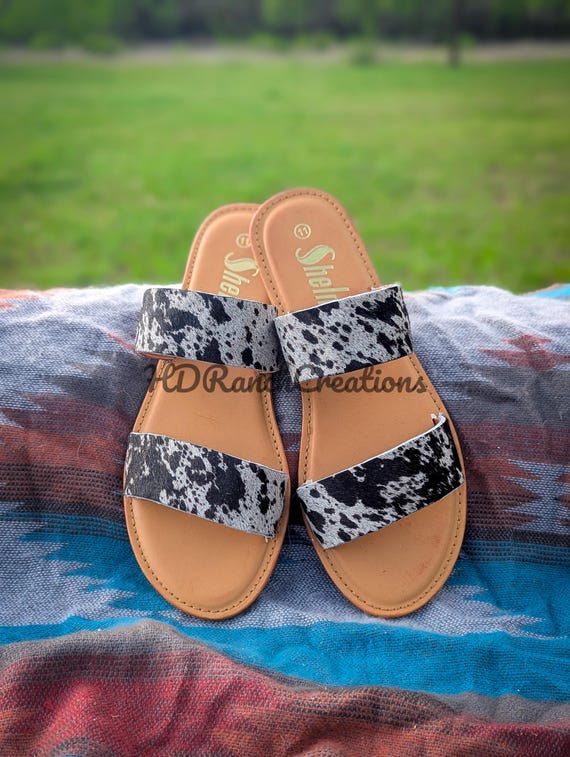 Handmade Print Leather Slides Explosive Leather Retro Handmade Printing Women main image 3