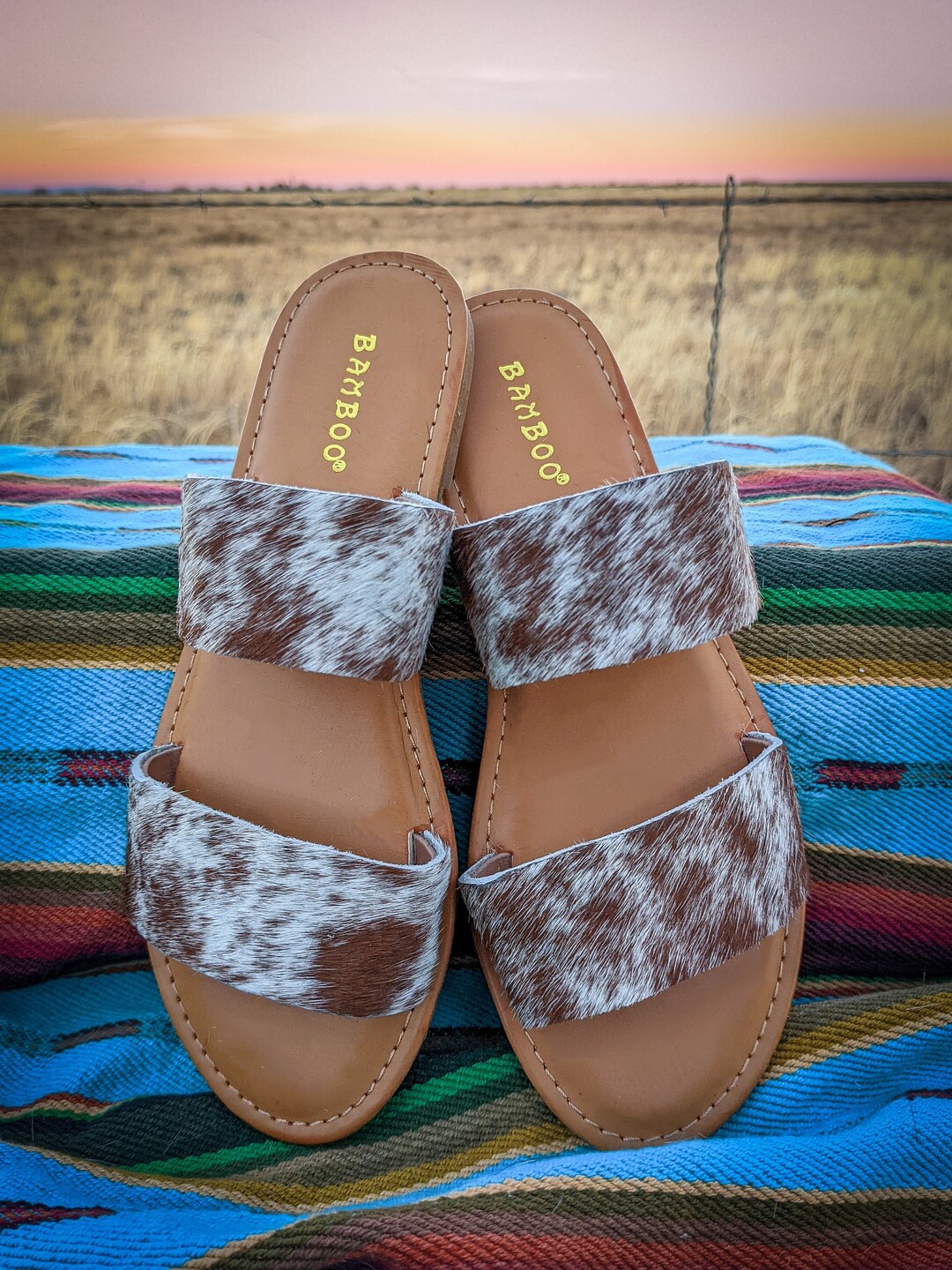 Handmade Orange Floral Platform Cowhide Leather Slide Sandals