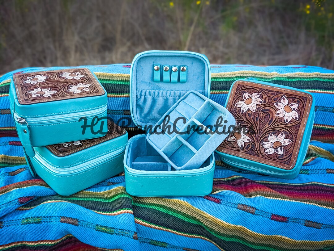Tooled Turquoise Jewelry Box Travel Jewelry Box Tooled Etsy