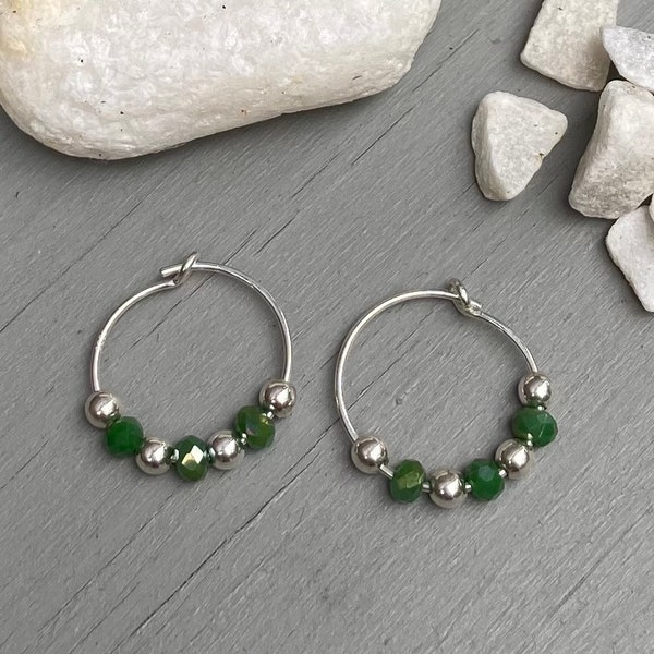 Stunning Sterling Silver and Crystal Emerald Green Faceted Rondelle Micro Hoop Earrings