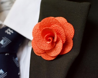 Bright Orange Rose Handmade/Handcrafted Flower Lapel Pin, Fashion Boutonniere Pin Brooches For Men Women Wedding Business Party Accessories