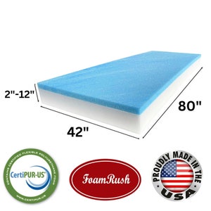 May include: A blue and white foam mattress topper, measuring 80 inches by 42 inches and 2 inches thick. The topper is made with CertiPUR-US certified foam and is proudly made in the USA. The image also includes the brand name "Foam Rush".