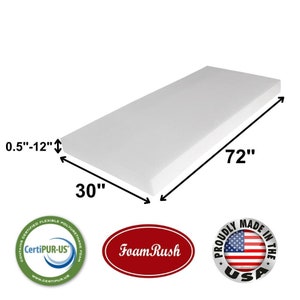 May include: A white rectangular foam mattress, measuring 72 inches long, 30 inches wide, and 0.5 to 12 inches thick. The image includes the "Foam Rush" logo and a "Proudly Made in the USA" seal.