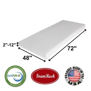 May include: A white rectangular foam mattress, measuring 72 inches long, 48 inches wide, and 2 to 12 inches thick. The image includes the "Foam Rush" logo and a "Proudly Made in the USA" seal.