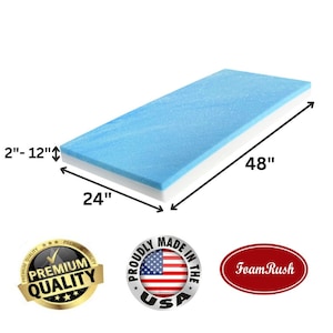 May include: A blue and white foam mattress topper with dimensions of 24 inches by 48 inches and a thickness of 2 to 12 inches. The topper is labeled "Foam Rush" and "Proudly Made in the USA".