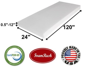 24&quot; x 120&quot; High Density Upholstery Foam Cushion (Seat Replacement, Upholstery Sheet, Foam Padding)Made in USA Fast Shipping