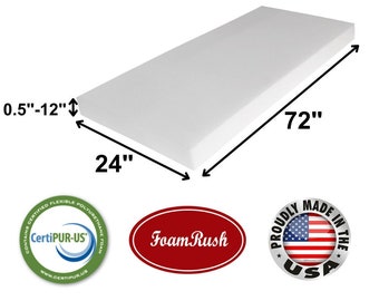 24" x 72" FoamRush High Density Upholstery Foam Cushion (Seat Replacement, Upholstery Sheet, Foam Padding) Made in USA Fast Shipping