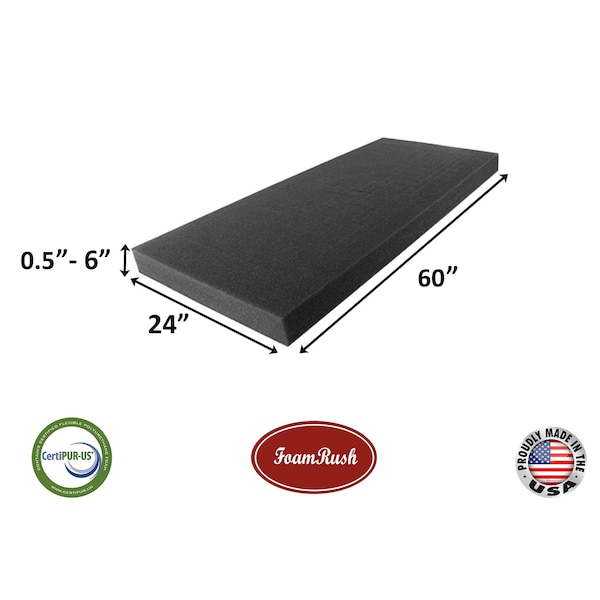 24" x 60"  Charcoal High Density Upholstery Foam Cushion, Foam Padding, Seat Replacement, Cushion Replacement, Wheelchair Cushion