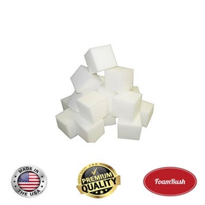 May include: A pile of white foam cubes, made in the USA. The cubes are arranged in a pyramid shape. The image also includes a red oval with the text "Foam Rush" and a gold starburst with the text "Premium Quality".